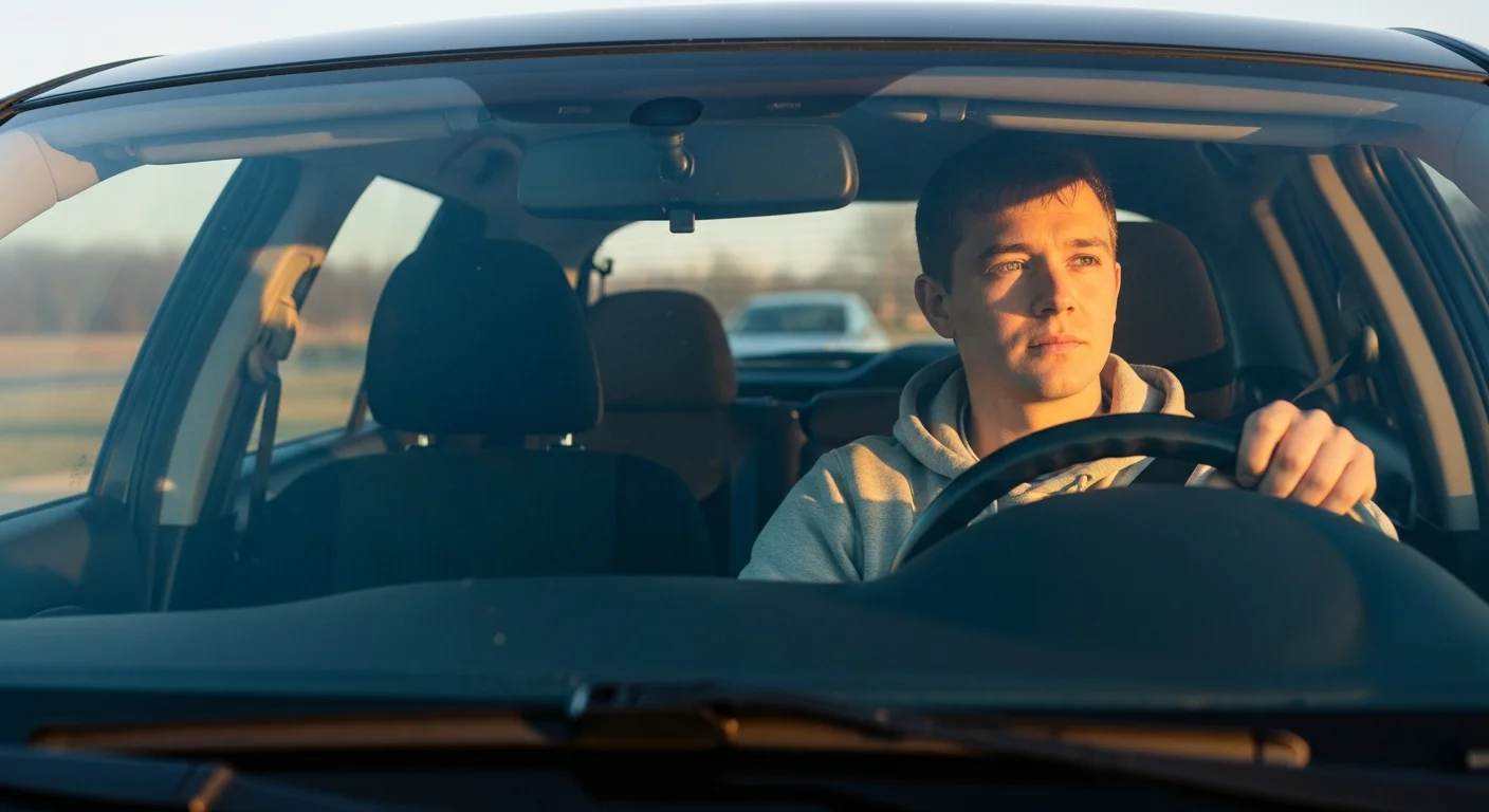 Early morning driver in a parked car, calm focused expression, soft sunrise light through windshield, cinematic lifestyle photo