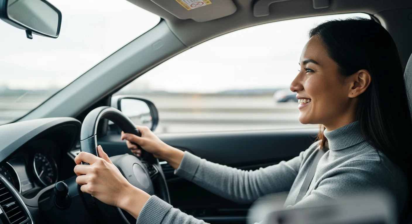 Confident driver smiling while merging onto a highway, bright natural daylight, modern car interior, shallow depth of field