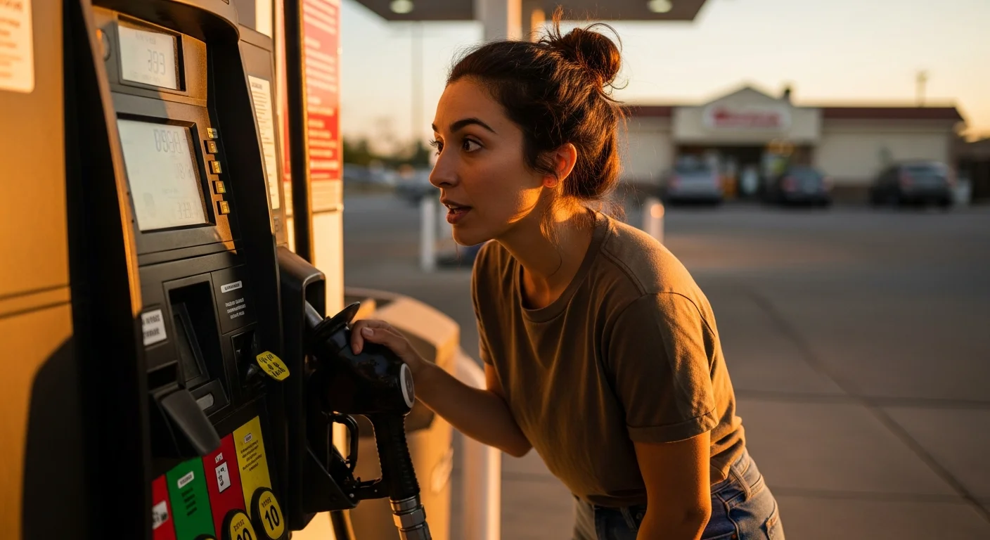 Person at a gas station looking at the pump display with mild surprise, golden hour lighting, candid documentary style