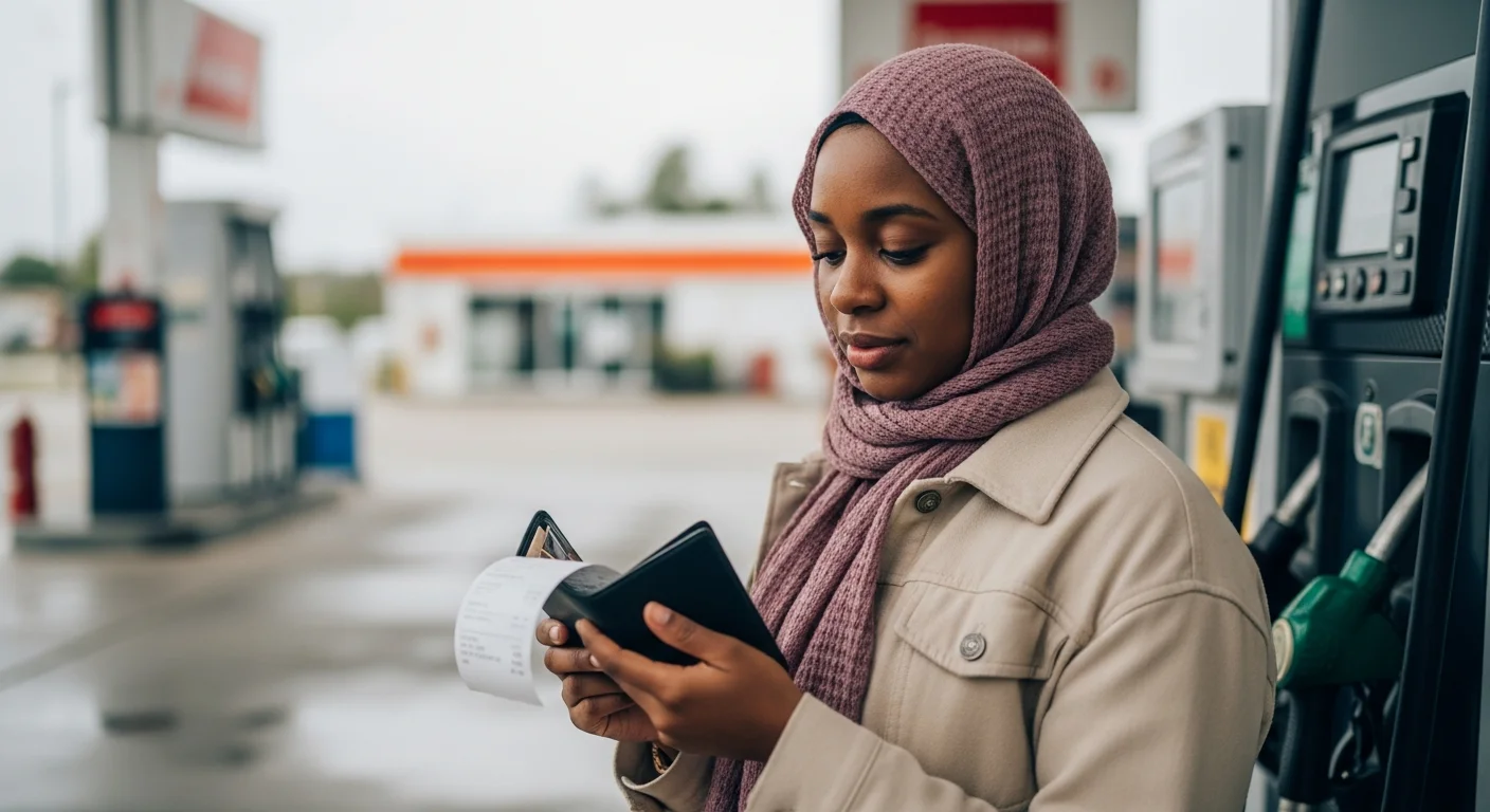 Person holding a wallet and receipt at a gas station, satisfied expression, soft daylight, realistic lifestyle photography